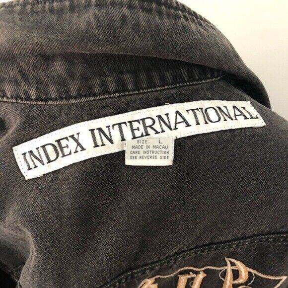 Vintage L Mens Denim Jean Jacket Embroidered faded black index international 938 - Picture 8 of 9